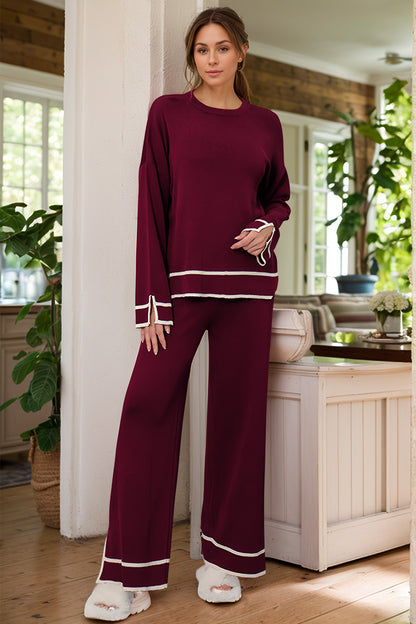 High-Low Round Neck Top and Pants Sweater Set