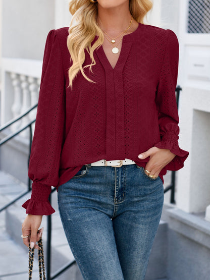 Lovelet Eyelet Notched Flounce Sleeve Blouse