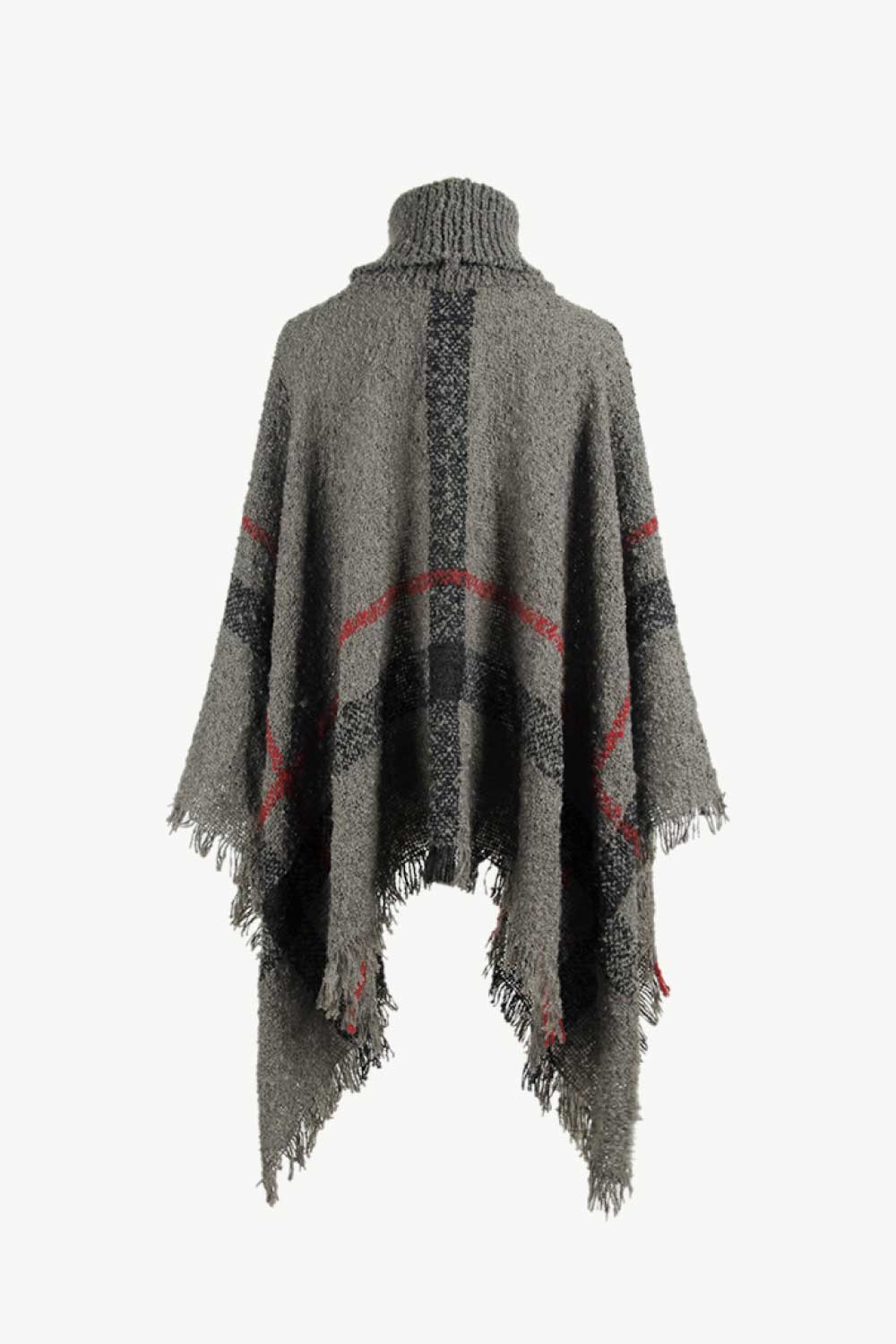 Plaid Turtleneck Raw Hem Poncho