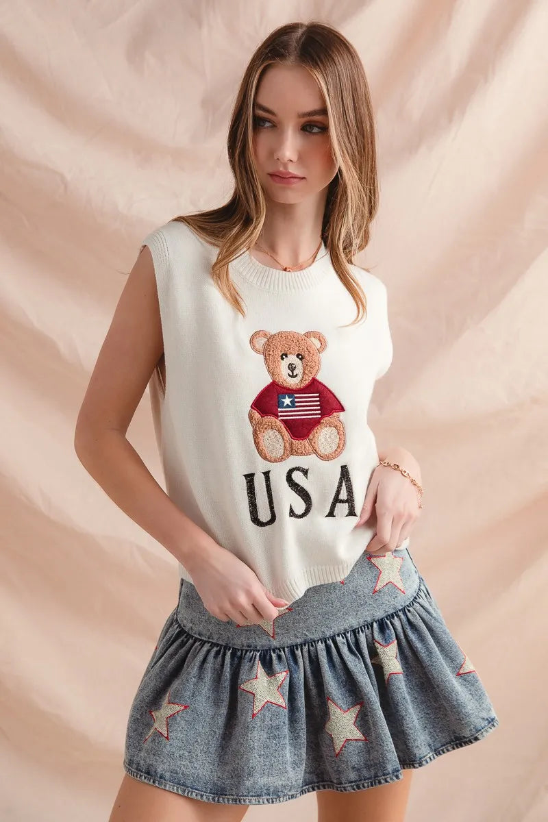 Teddy Bear Wearing An American Flag With Usa Embroidered Sweater Vest