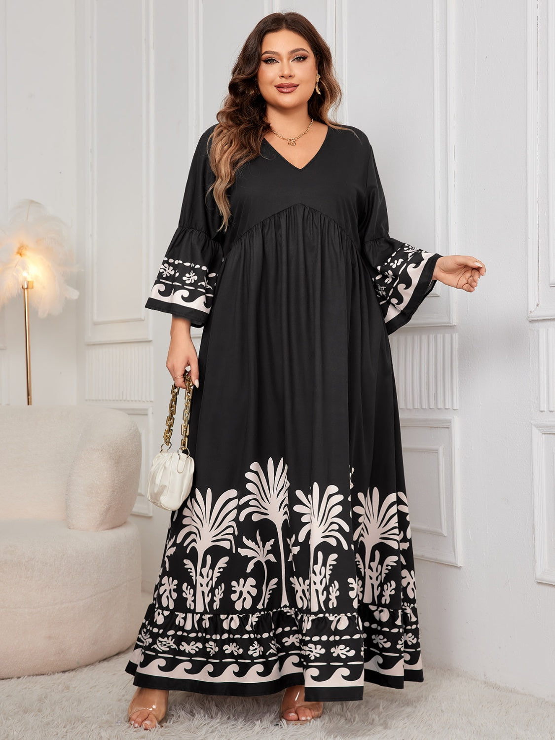 Honey Plus Size Printed V-Neck Long Sleeve Maxi Dress