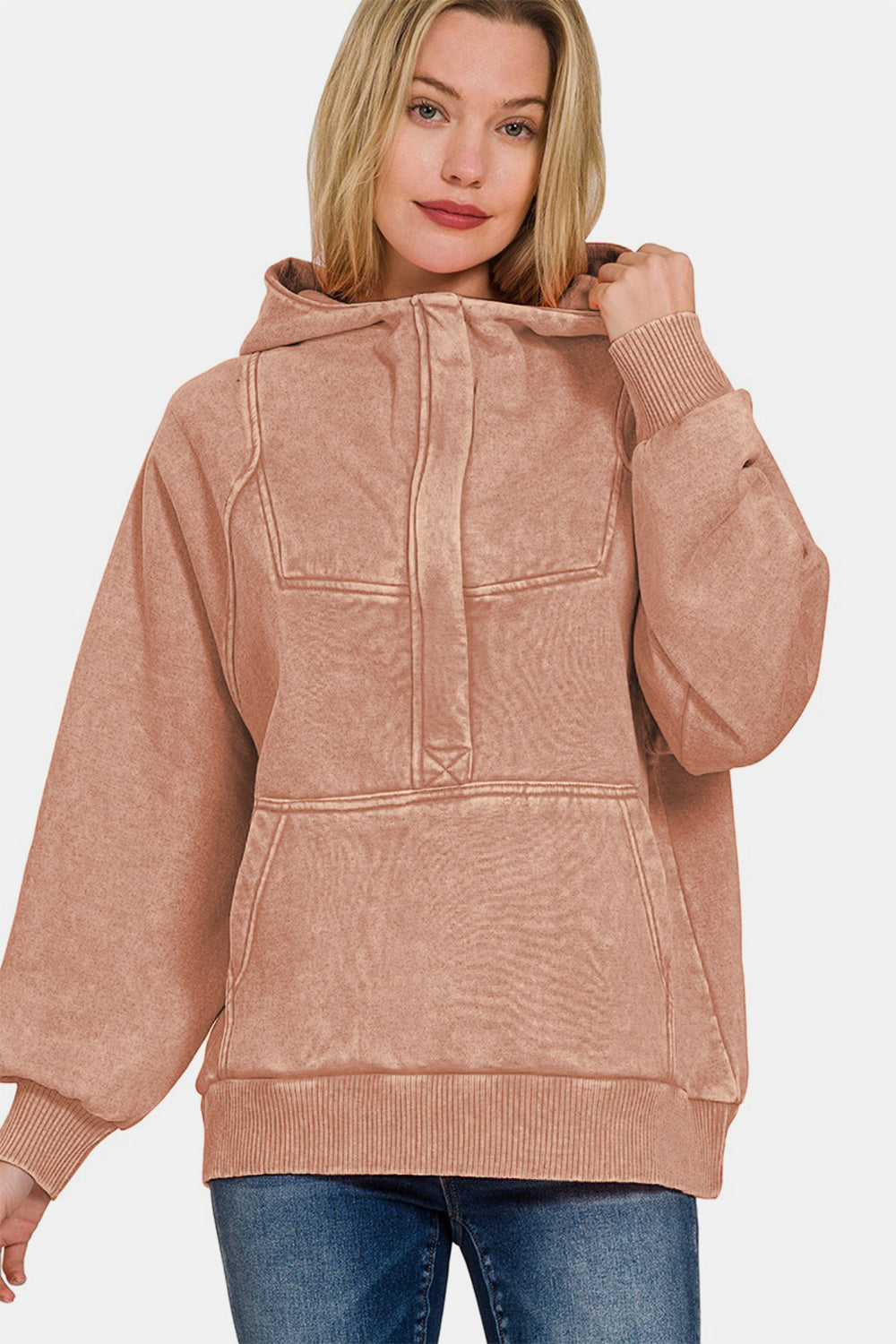 Zenana Acid Wash Fleece Kangaroo Hoodie Rust / M