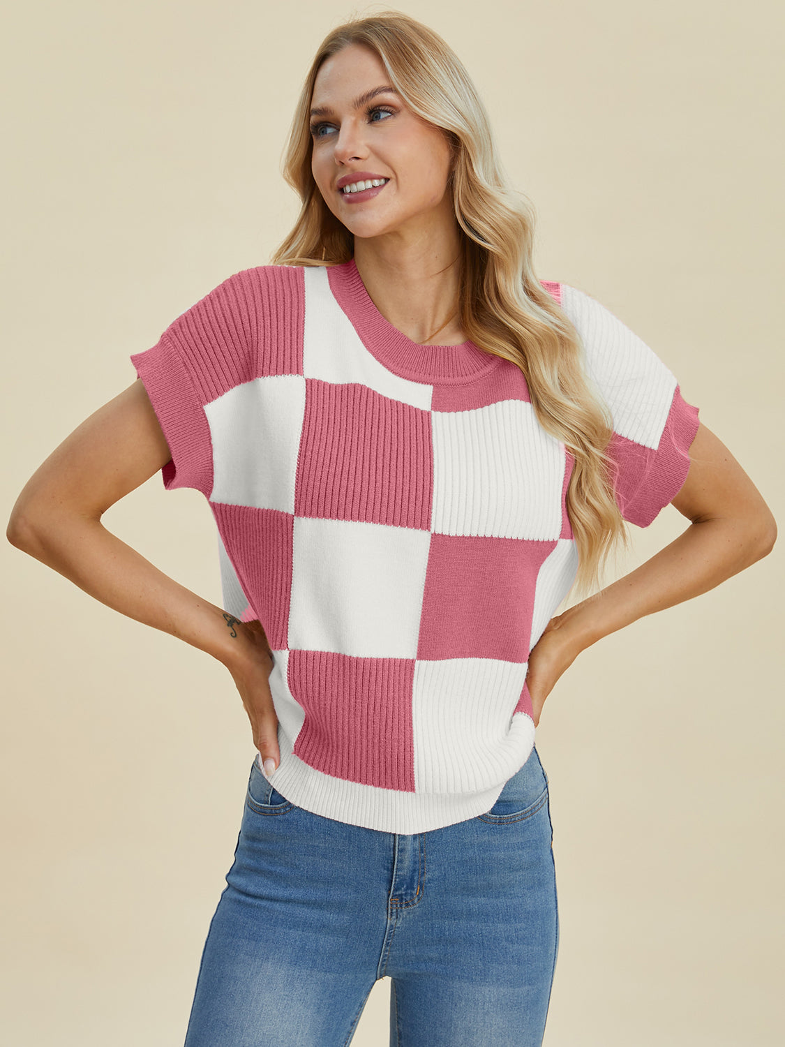 Full Size Chickened Round Neck Short Sleeve Sweater
