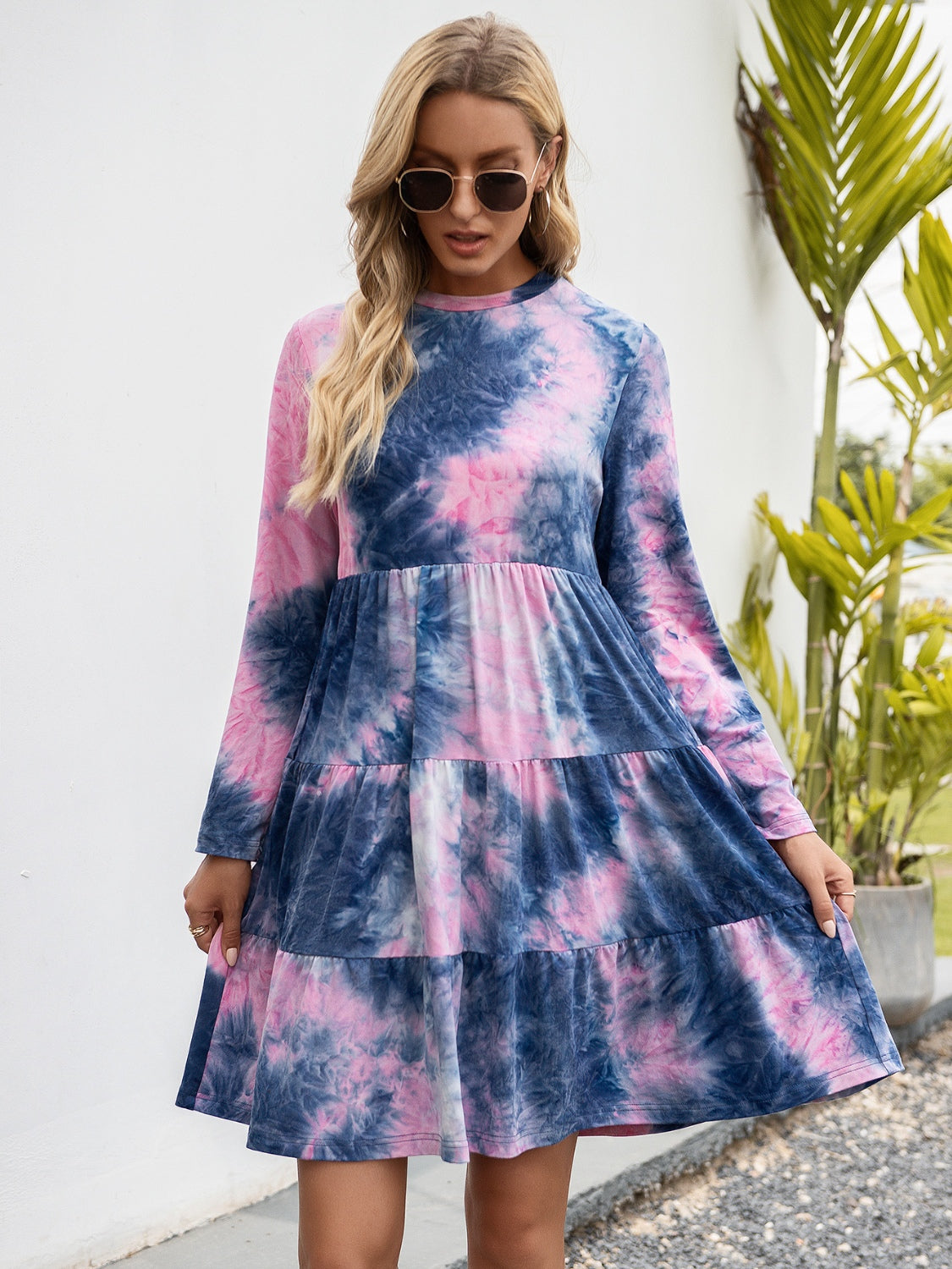 Ivy Lane Tie-Dye Round Neck Long Sleeve Tiered Dress