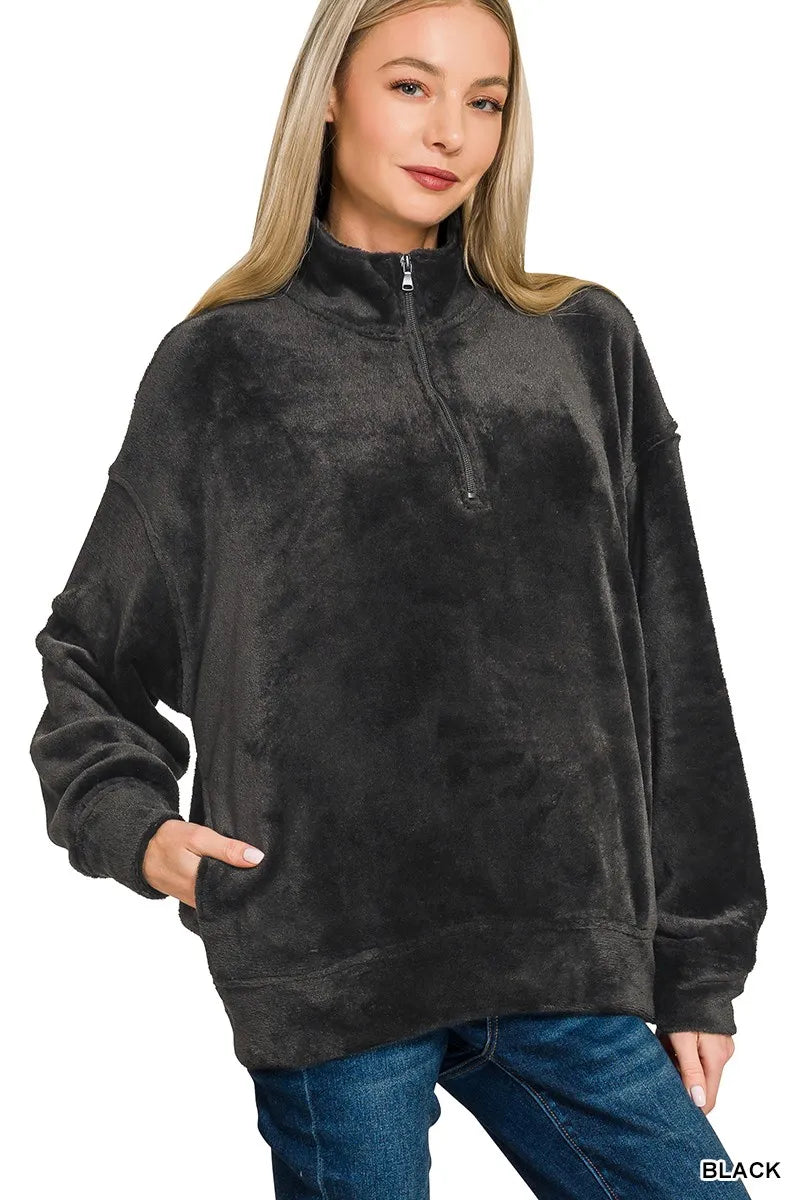 Faux Fur Half Zip Pocket Pullover