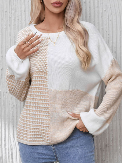 Contrast Round Neck Long Sleeve Sweater