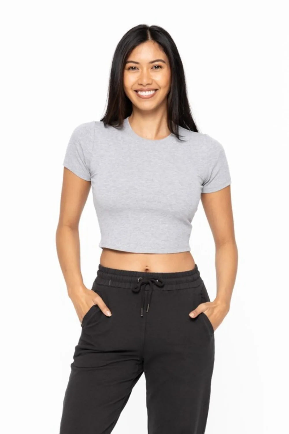 Essential Micro-ribbed Cropped Athleisure Tee In Gray