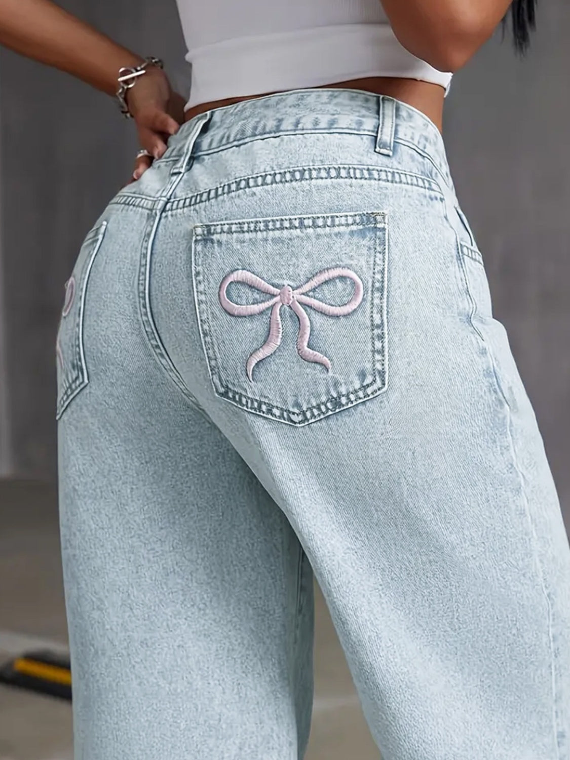 Bow Back Wide Leg Jeans with Pockets