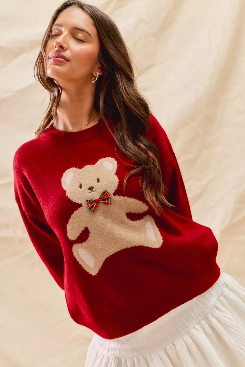 Teddy Bear With Check Ribbon Christmas Sweater