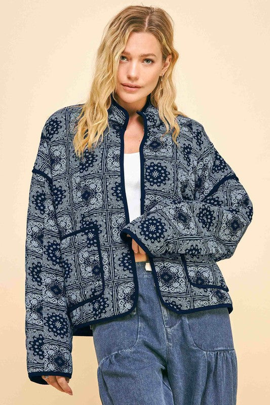 Davi & Dani Vintage Print Open Front Jacket with Pockets