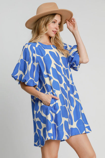 Umgee Two Tone Abstract Print Puff Sleeve Dress