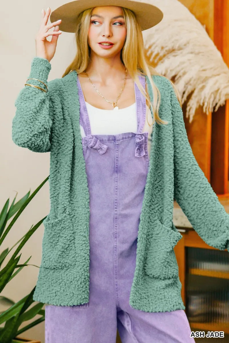 Long Sleeve Popcorn Sweater Cardigan with Pockets