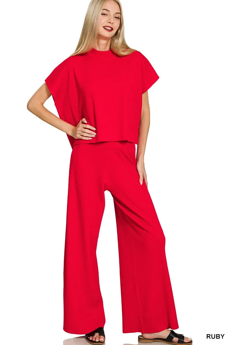 Viscose Sweater Short Sleeve Top and Pants Set