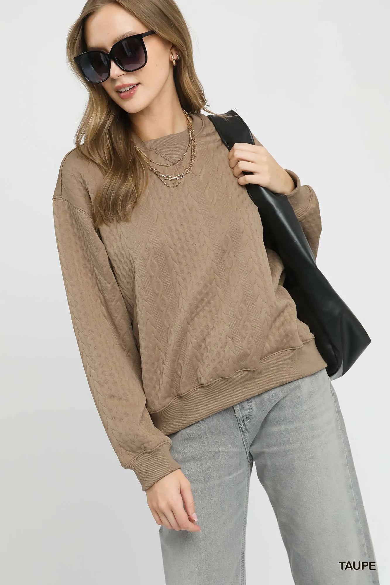Cable Texture Pattern Sweatshirt with Ribbed Hem