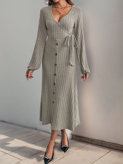 Perfee Ribbed Tied Surplice Long Sleeve Dress