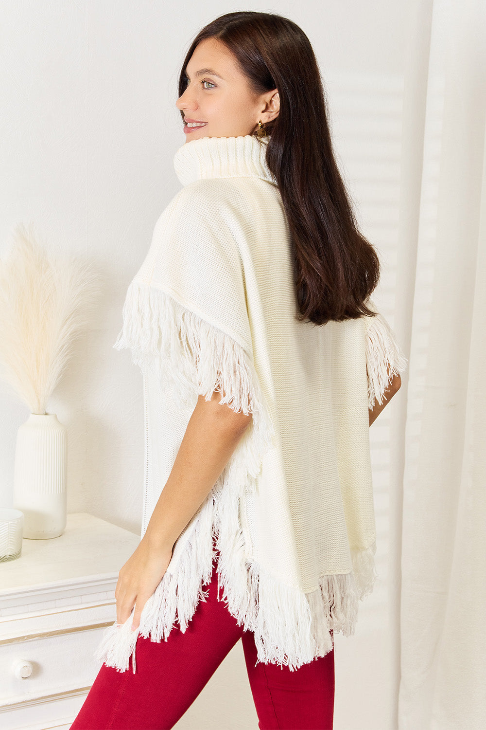 Justin Taylor Turtle Neck Fringe Poncho