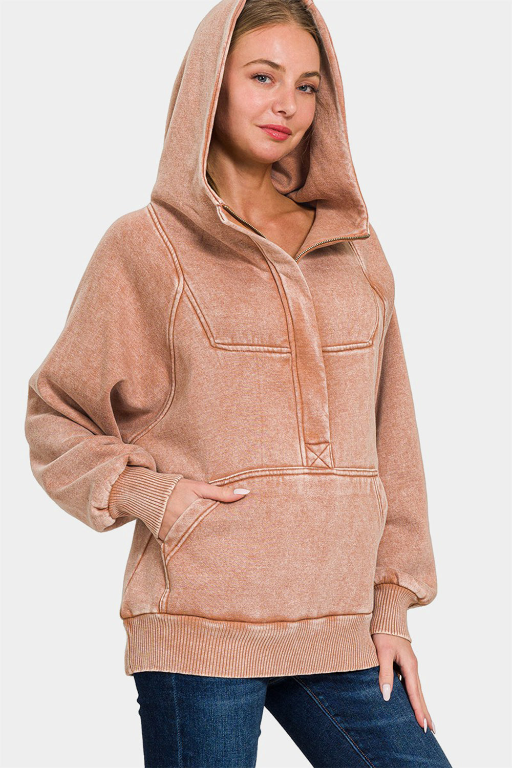 Zenana Acid Wash Fleece Kangaroo Hoodie Rust / M
