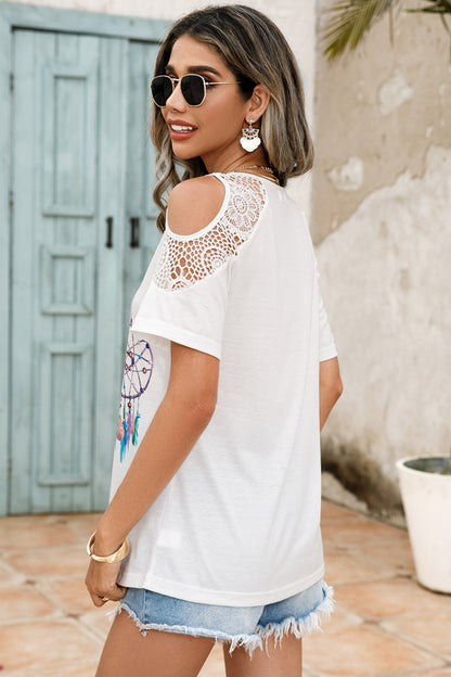 Shiny Lace Detail Round Neck Cold Shoulder Blouse