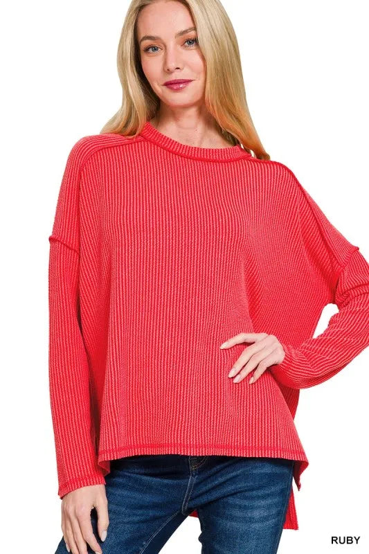 Exposed Seam Long Sleeve Corded Rib Knit Top Plus Size