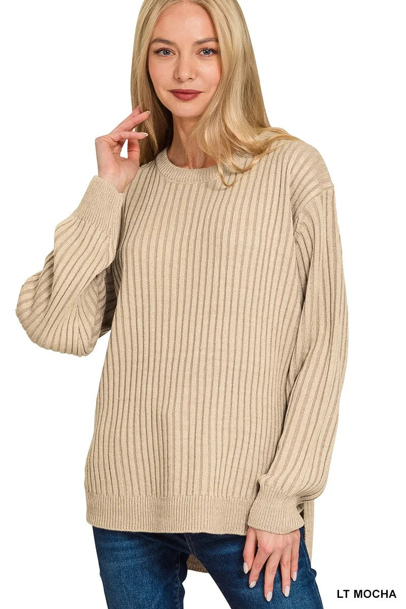 Curved Hem Two-Tone Ribbed Sweater