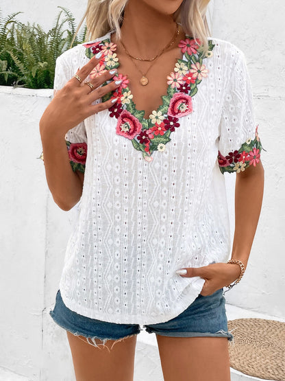 Ivy Lane Eyelet Embroidered V-Neck Short Sleeve Blouse