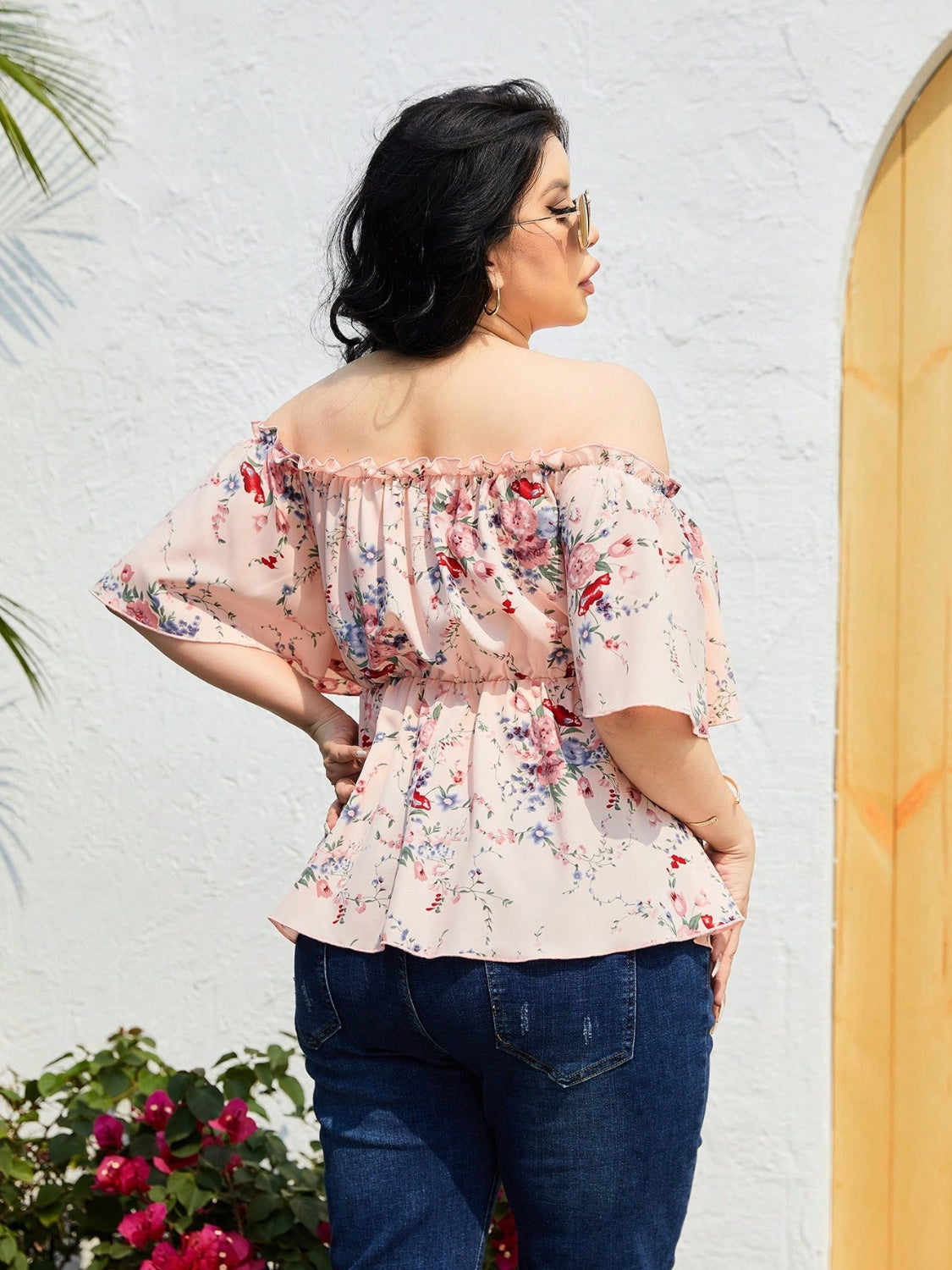 Plus Size Frill Printed Flutter Sleeve Blouse