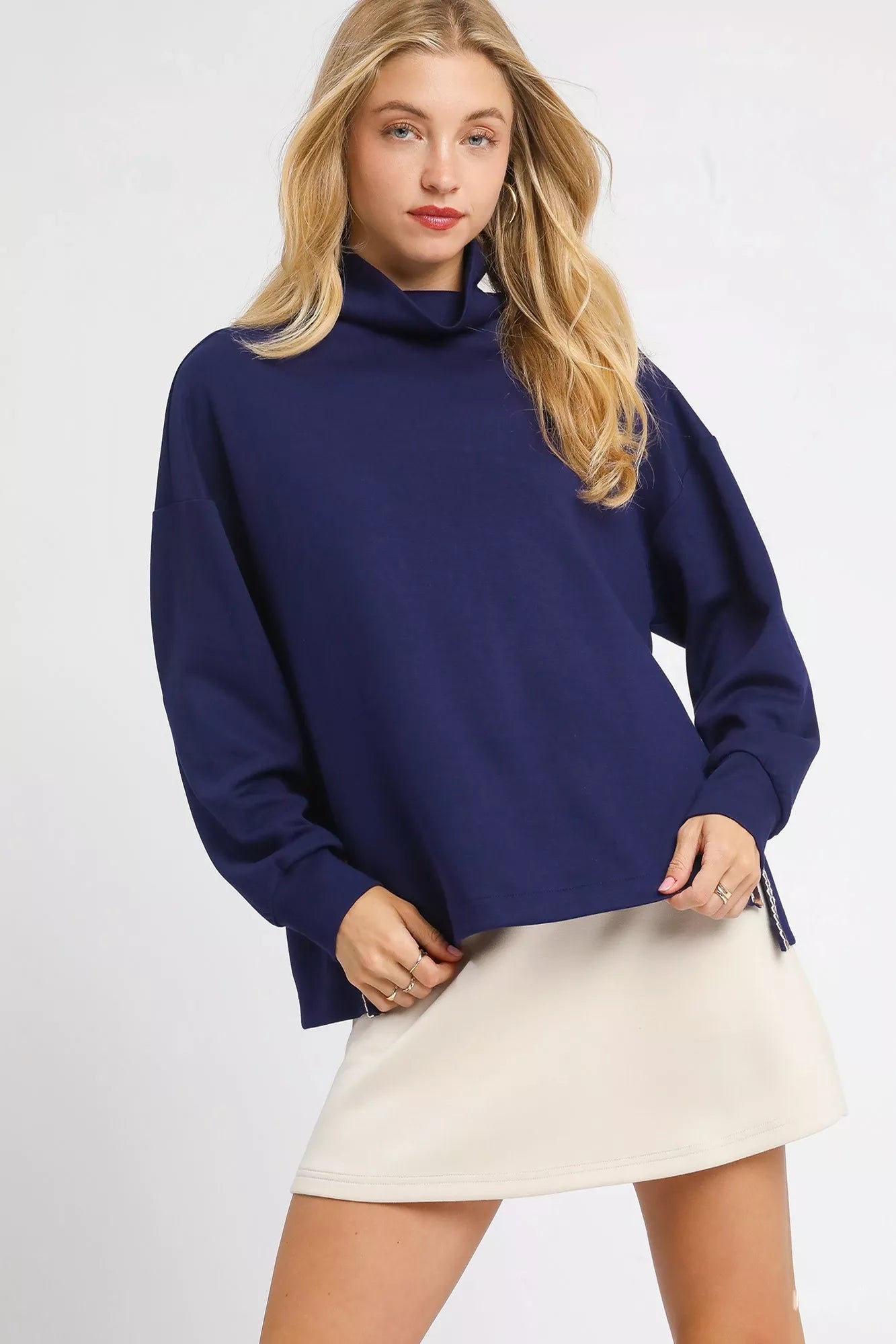 Turtle Neck Dolman Sleeve Side Slit Sweater with Contrast Detail