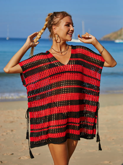 Angel Wings Tassel Openwork Striped V-Neck Cover Up