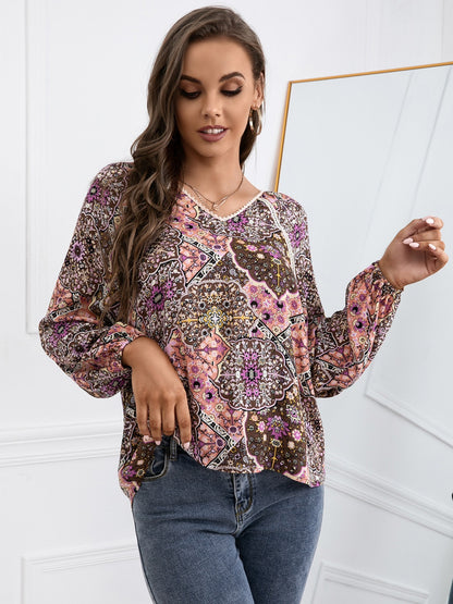 Ivy Lane Lace Detail Printed V-Neck Blouse