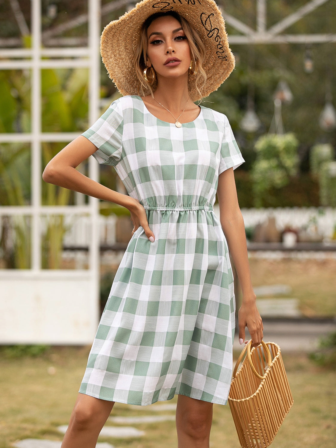 Ivy Lane Smocked Plaid Round Neck Short Sleeve Dress