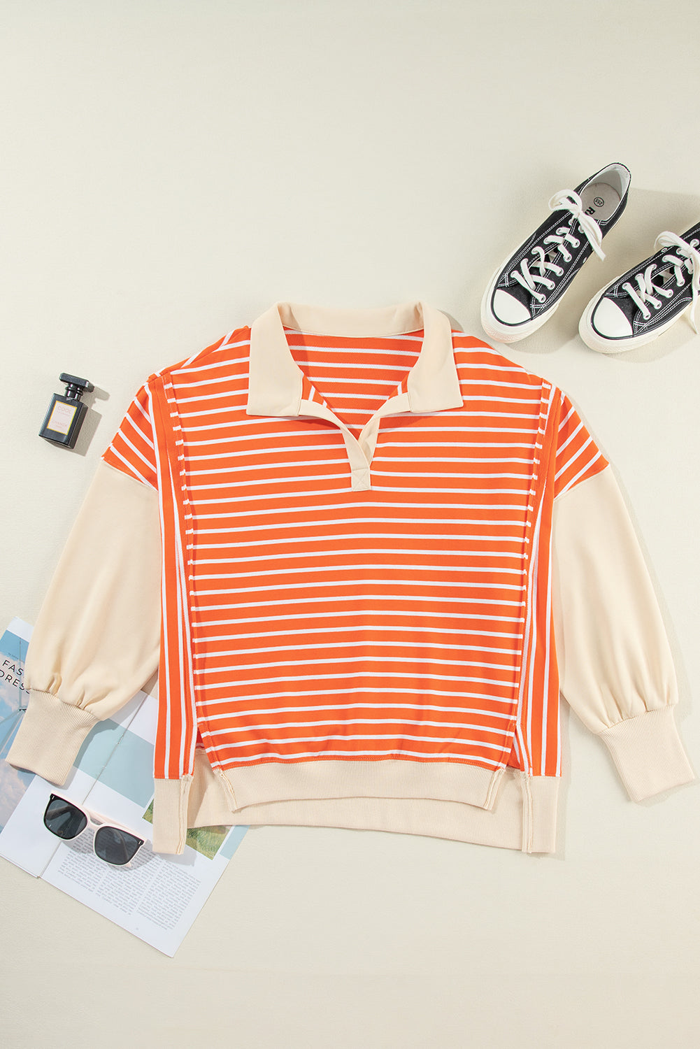 Striped Johnny Collar Long Sleeve Sweatshirt