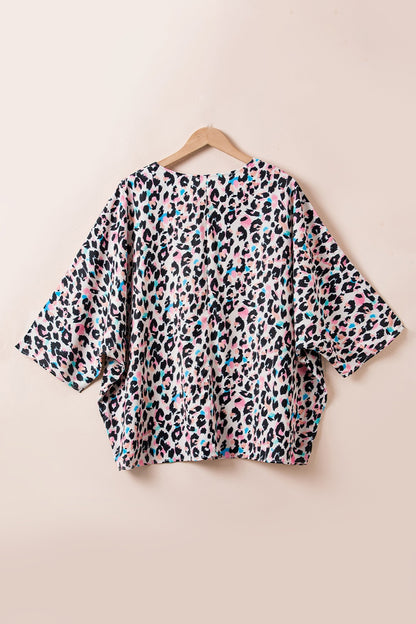 Plus Size Leopard V-Neck Three-Quarter Sleeve Blouse