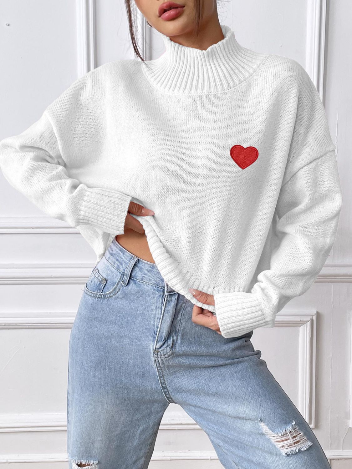 Heart Turtleneck Long Sleeve Sweater