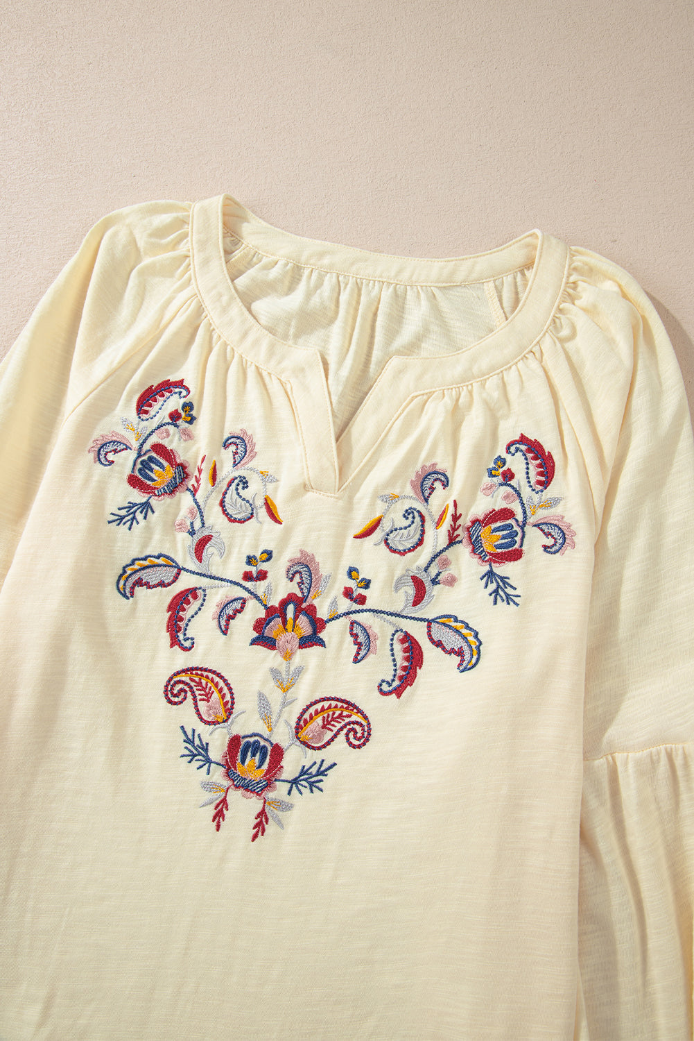 Embroidered Notched Long Sleeve Blouse