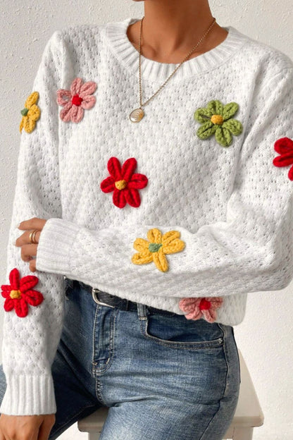 Crochet Flower Round Neck Long Sleeve Sweater