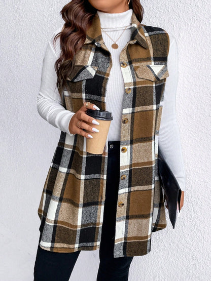 Honey Plus Size Pocketed Plaid Button Up Vest Coat