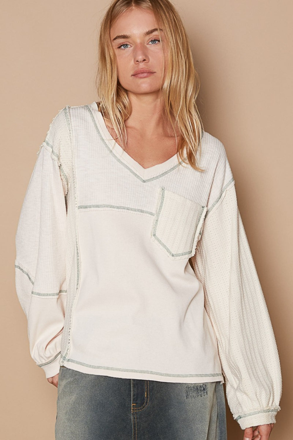 V-Neck knit Panel Exposed Seam Top In White