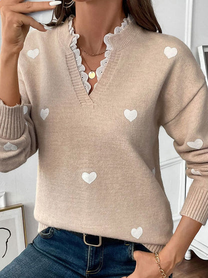 Perfee Lace Detail Notched Long Sleeve Sweater