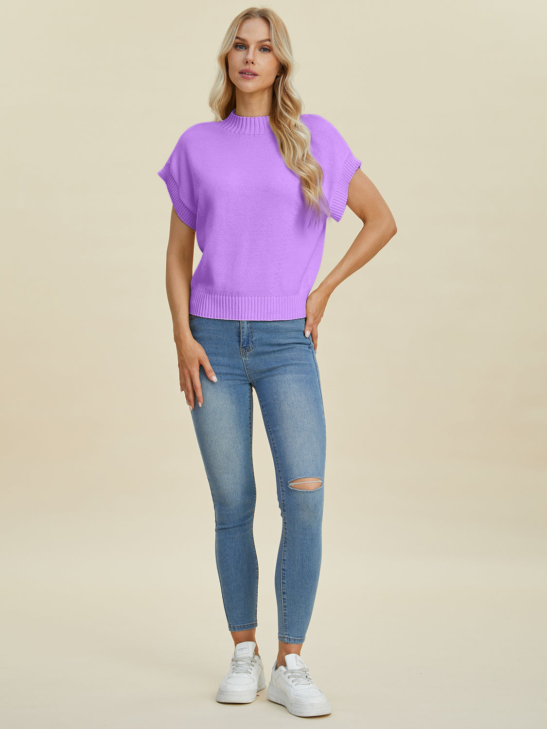 Full Size Mock Neck Short Sleeve Sweater