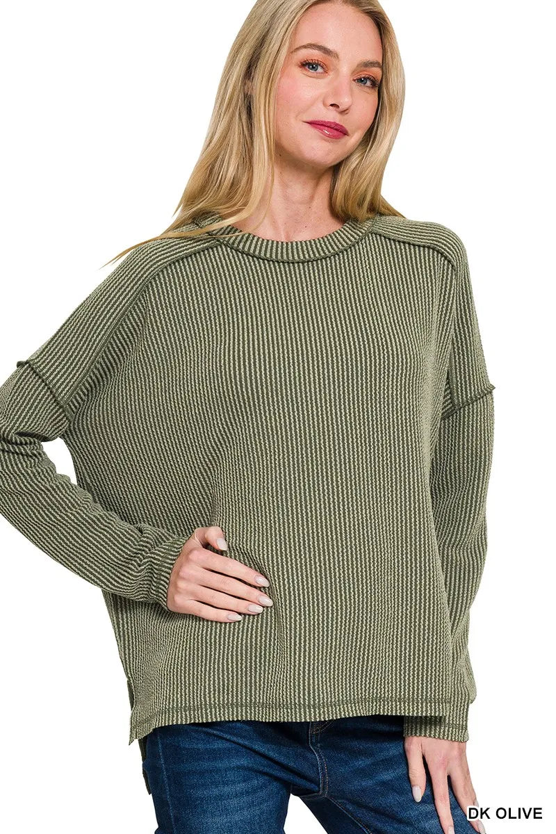 Exposed Seam Long Sleeve Corded Rib Knit Top Plus Size