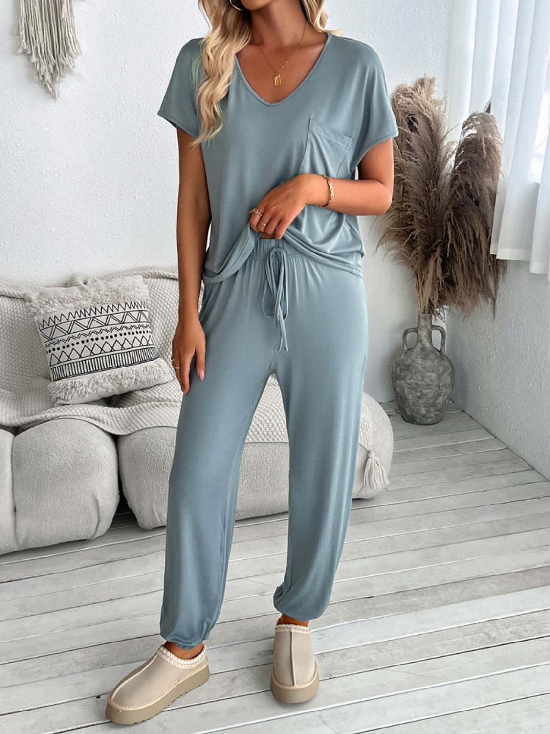 Devine V-Neck Short Sleeve Top and Pants Set