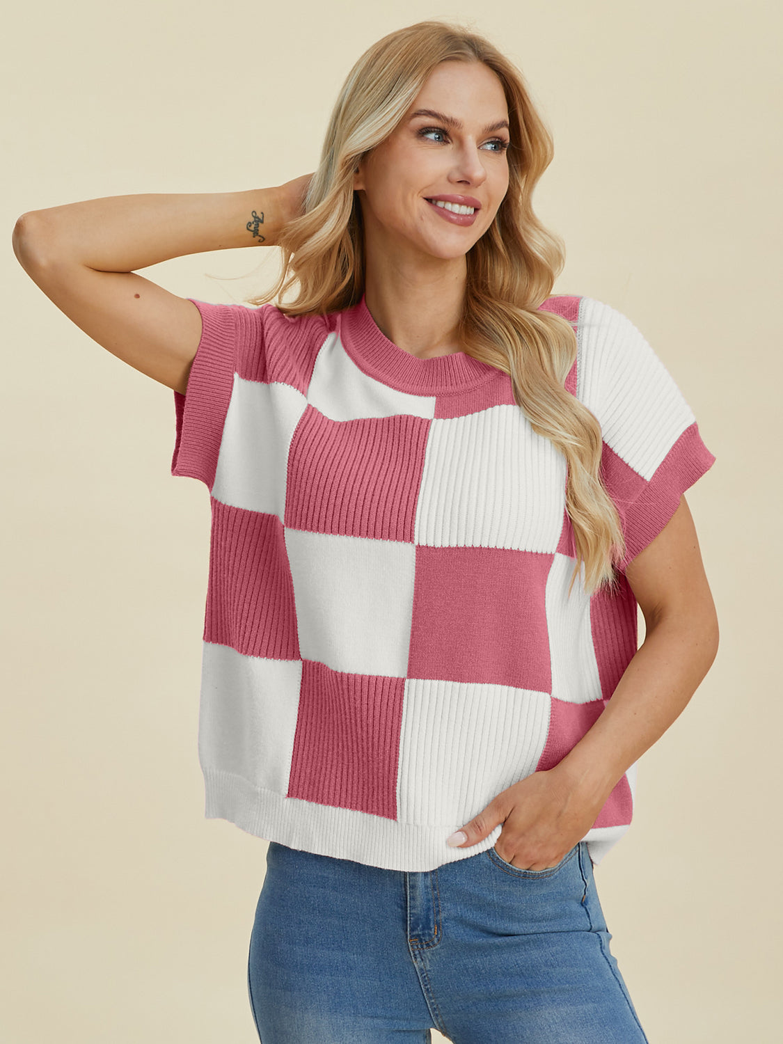 Full Size Chickened Round Neck Short Sleeve Sweater