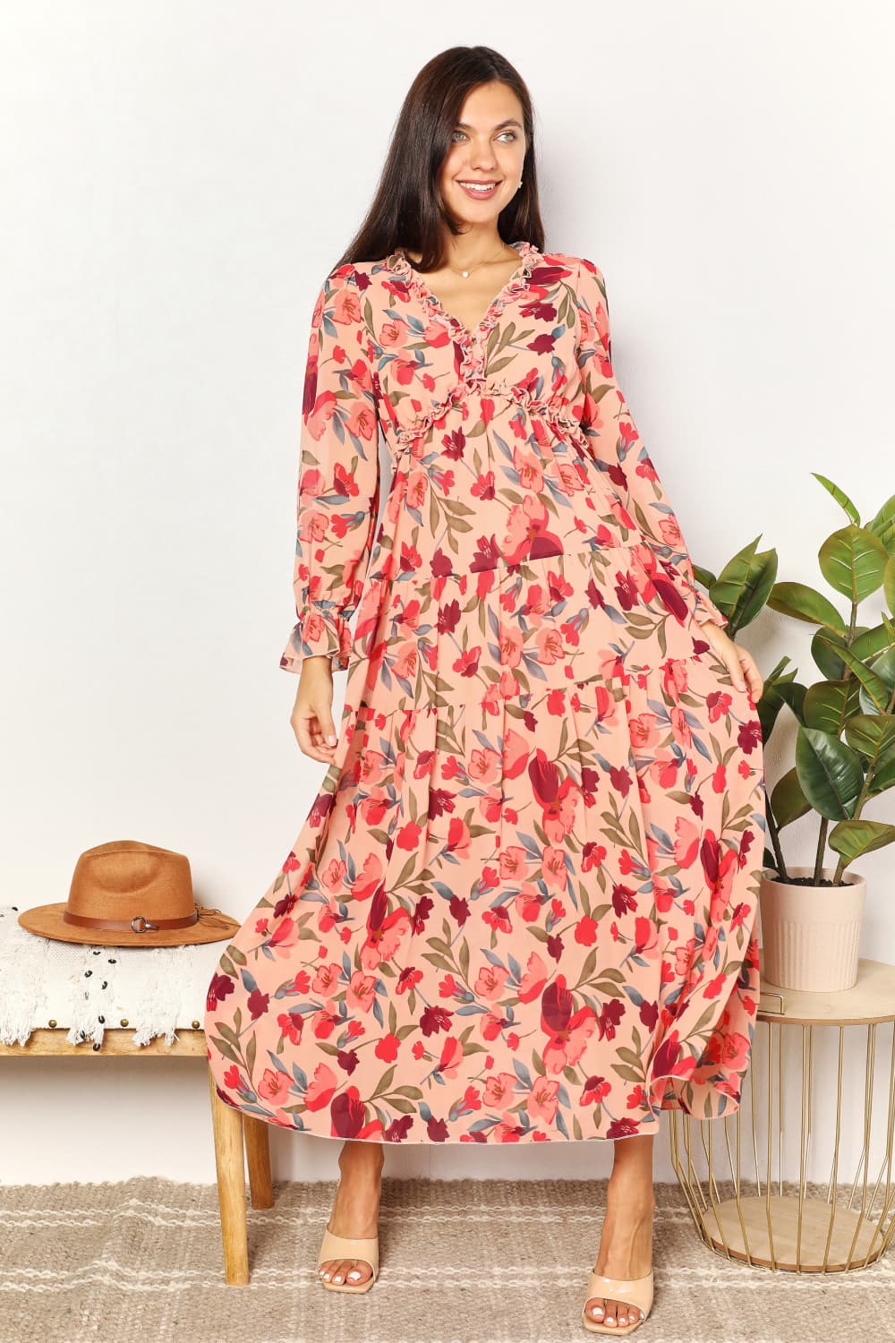 Floral Frill Trim Flounce Sleeve Plunge Maxi Dress