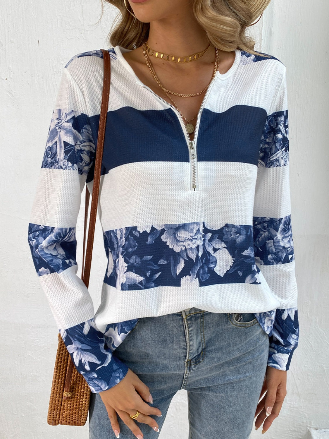 Shiny Printed Half Zip Long Sleeve T-Shirt