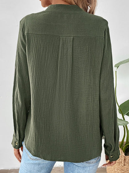 Perfee Textured Notched Long Sleeve Blouse