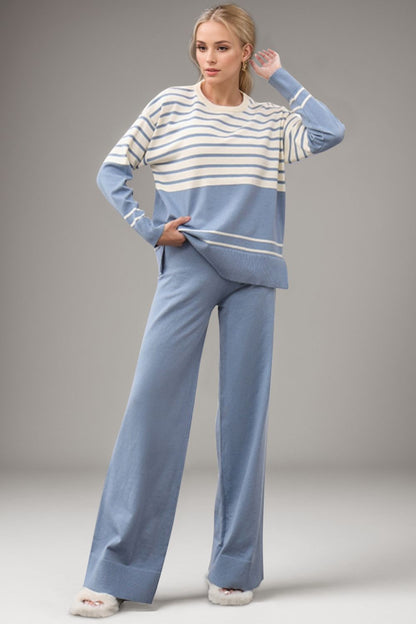 Basic Bae Striped Round Neck Long Sleeve Top and Pants Sweater Set