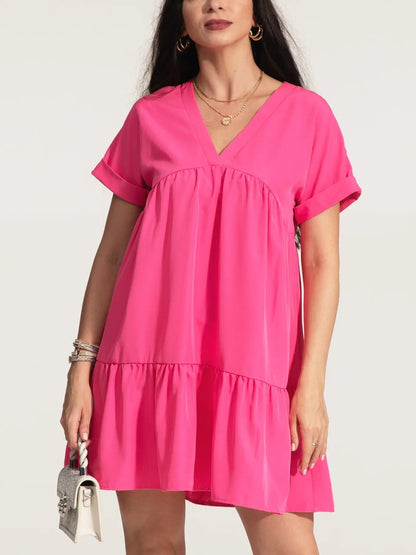 IZURIA V-Neck Short Sleeve Ruffle Hem Dress