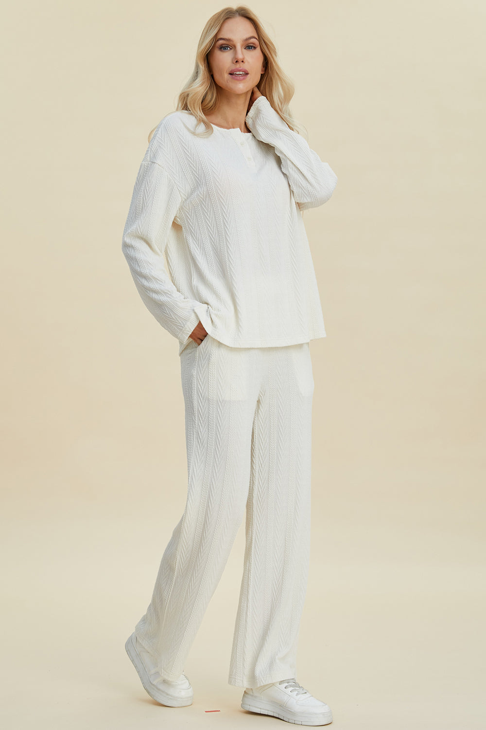 Double Take Full Size Cable-Knit Long Sleeve Top and Pants Set