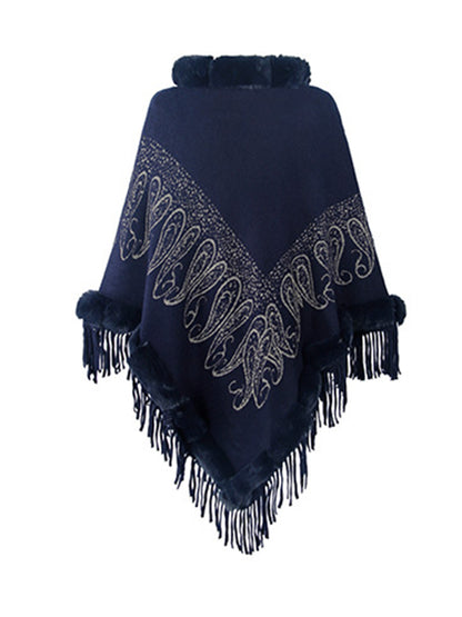 Graphic Fringe Cape Sleeve Poncho