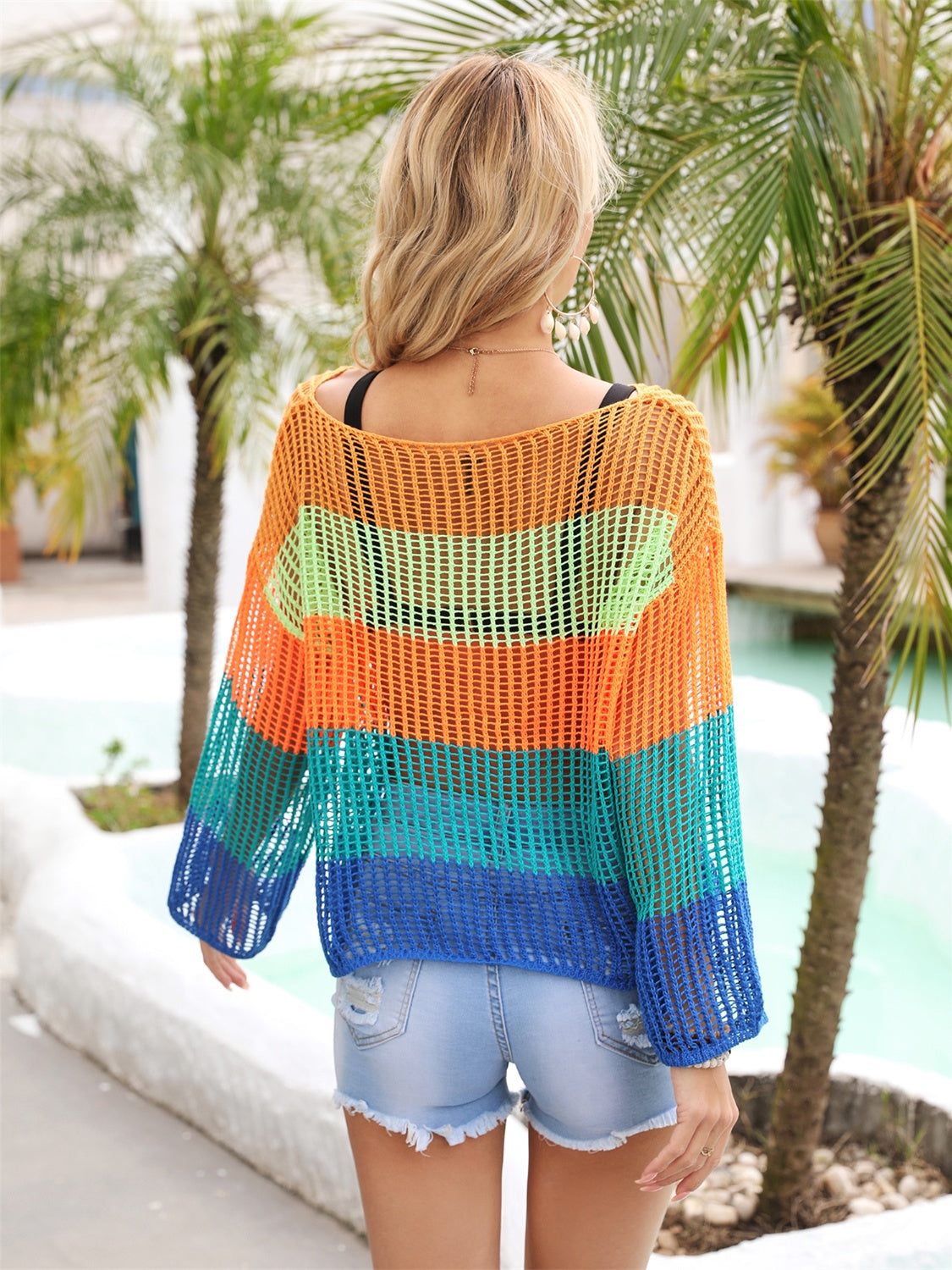 Angel Wings Color Block Openwork Boat Neck Cover Up